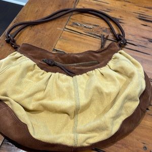 Lucky brand linen purse with suede, trim and leather shoulder strap
